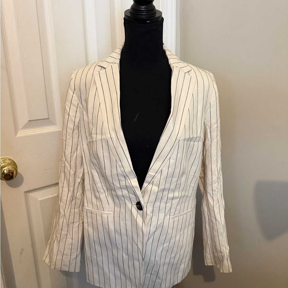 Ann Taylor Petite Pinstripe Blazer 10P Linen Blend NWT